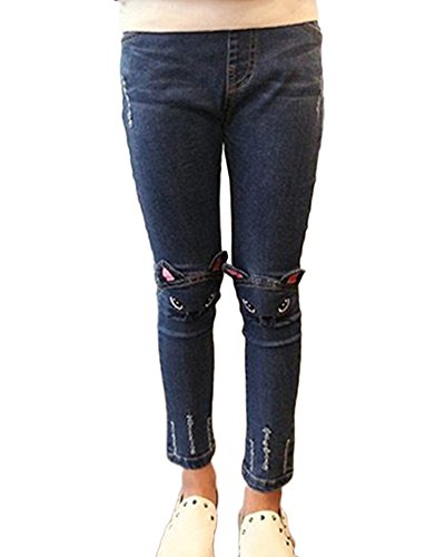 Mädchen Jeans Kinder Hose Legging Stretch Röhrenjeans Jeanshose Katzenmuster Skinny Treggings Katze 130 von LaoZanA