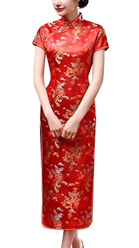 Laogudai Damen Kleid Chinesisch Etuikleider Kurzärmelig Cheongsam Front Slit Qipao Traditionale Langkleid Abendkleider Partykleider Rot-3XL von Laogudai