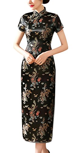 Laogudai Damen Kleid Chinesisch Etuikleider Traditional Cheongsam Kurzärmelig Qipao Brokat Langkleid Schwarz Abendkleider Partykleider-2XL von Laogudai