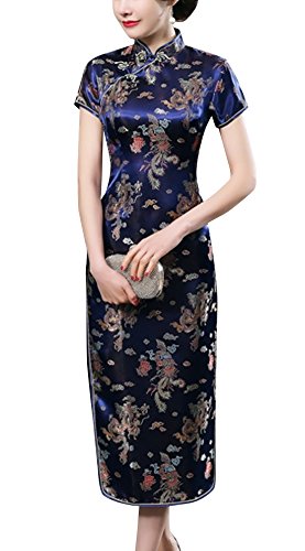 Laogudai Damen Kurzärmelig Chinesisch Etuikleider Traditional Cheongsam Brokat Langkleid Abendkleider Partykleider Dunkelblau-2XL von Laogudai