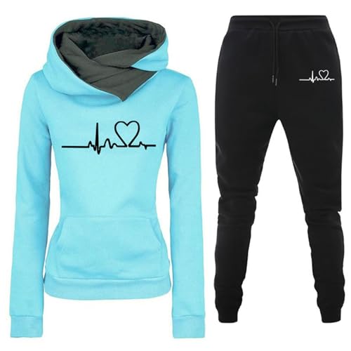 Laonajkd Damen Trainingsanzug Set 2-Teilig Heartbeat Print Hoodie Jogginghose Sweatshirt Hose Zweiteiler Jogginganzüge Damen Kapuzenpullover Sporthose Set von Laonajkd