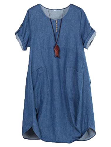 LaovanIn Damen Übergröße Tunika Kleid Sommer Baumwolle Leinen T Shirt Knielang Kleider, Denim Blau, 3X-Groß von LaovanIn