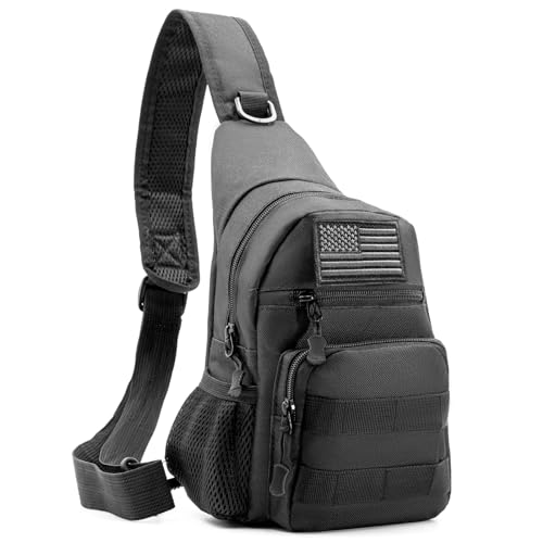 Laoyemen Taktische Schultertasche mit Flaggenaufnäher – Militärrucksack zum Wandern, Jagen, Angeln – Crossbody-Taschen für Herren, Schwarz, Einheitsgröße, Militär von Laoyemen