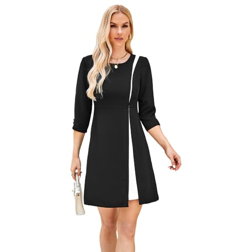 LAPA Business Kleider für Damen A-Linie Büro Midikleid Freizeitkleider Festkleid Halbe Ärmel Herbstkleid Kontrastfarbe von Lapa