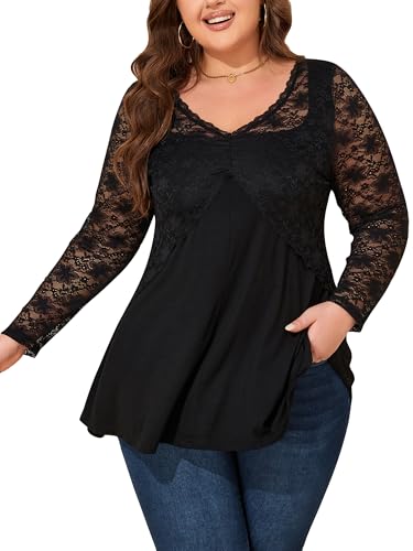 LAPA Übergröße Damen Gothic Oberteile Tunika Spitze Saum Flowy Plissiert Langarm T-Shirt V Neck Bluse Party Tops Herbst Shirt von Lapa