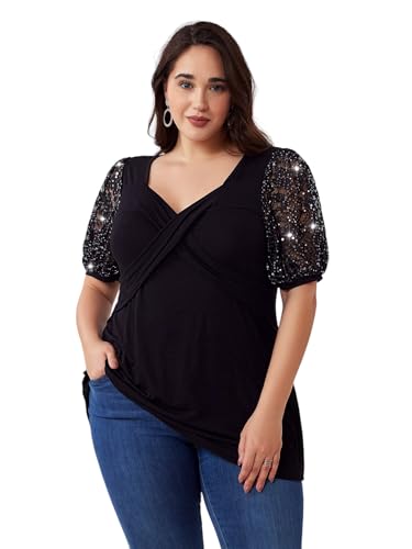 LapaPlus 2025 Damen Pailletten Übergröße Tops Sommer Tunika - Glitzernde Kurzarm T-Shirt V-Ausschnitt Casual Party Bluse von LapaPlus