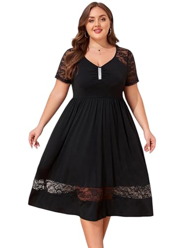 LapaPlus 2025 Damen Übergröße Spitze Sommerkleid, V-Neck Elegant Lässiges Schwarzes Partykleid Midikleid mit Taschen von LapaPlus