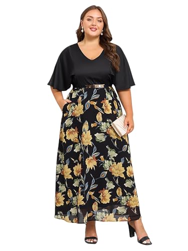 LapaPlus Abendkleid in Übergröße für Damen – 2025 Frühling Vintage Blumen-Maxikleid mit Gürtel und Taschen, Cocktailkleid Abendkleid von LapaPlus
