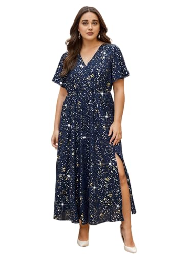 LapaPlus Damen Große Größe Glänzend Abendkleid Elegantes Ballkleid, V-Neck Cocktailkleid Maxi Galadinner Kleider Seitenschlitz von LapaPlus