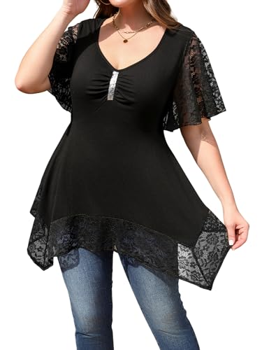 LapaPlus Damen Große Größen Spitze Trim Kurzarm Sommer Shirt 2025, V Neck Pailletten Tops Casual Party T-Shirt Flowy Tunika von LapaPlus
