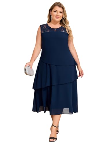 LapaPlus Übergröße Damen Elegantes Chiffon Kleider für Hochzeitsgäste Spitzen Ärmellos Sommerkleid Fließendes Midikleid von LapaPlus