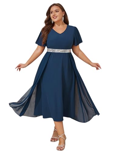 LapaPlus Übergröße Damen Formelle Cocktailkleid Abendkleid V-Neck Pailletten Partykleid Bankette Kleider Chiffon von LapaPlus