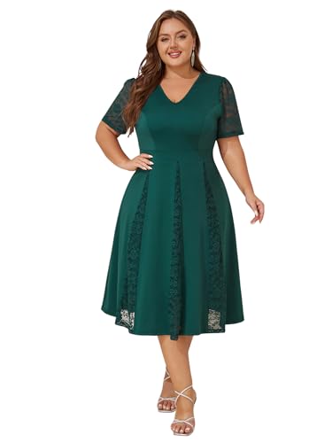 LapaPlus Übergröße Damen Formelles Kleider für Hochzeitsgäste Spitze Kurzärm V-Ausschnitt Party Cocktailkleid Abendkleid von LapaPlus