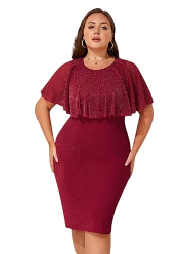 LapaPlus Übergröße Damen Glitzer Abendkleid für Hochzeitsgäste Elegante Partykleid Bodycon Cape Ärmel Netz Cocktailkleid von LapaPlus
