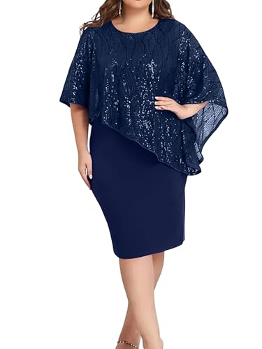 LapaPlus Übergröße Damen Pailletten Abend Cocktailkleid Bodycon Midikleid – 2025 Frauen glitzerndes Ballkleid halbe Ärmel,Marineblau von LapaPlus
