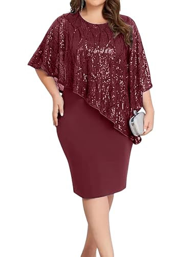 LapaPlus Übergröße Damen Pailletten Abend Cocktailkleid Bodycon Midikleid – 2025 Frauen glitzerndes Ballkleid halbe Ärmel,Rotwein von LapaPlus