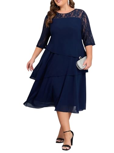 LapaPlus Übergröße Damen Spitze V-Neck Kurzarm Abendkleider Cocktailkleid Chiffon Midikleid mit Taschen 2025 Sommerkleid von LapaPlus