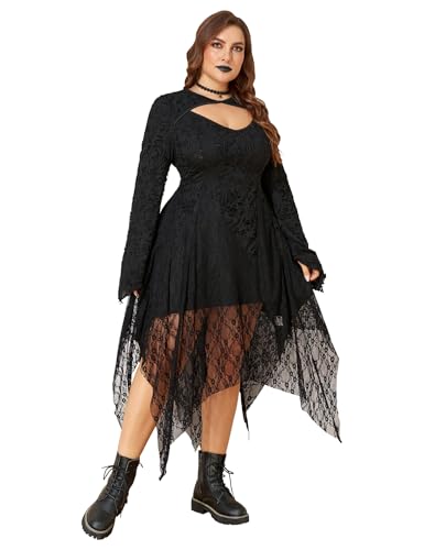 LapaPlus Übergröße Damen Spitzen Gothic Kleid Vintage Rockabilly Cocktailkleid Ausgestellter Langarm Unregelmäßigem Saum von LapaPlus
