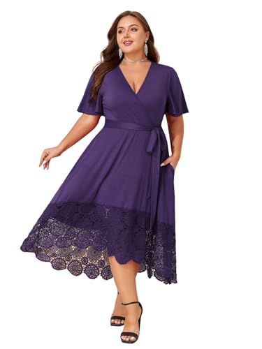 LapaPlus Übergröße Damen Spitzen Hochzeitsgäste Kleider Abendkleid Cocktailkleid V-Neck Kurzarm Sommerkleid mit Taschen von LapaPlus