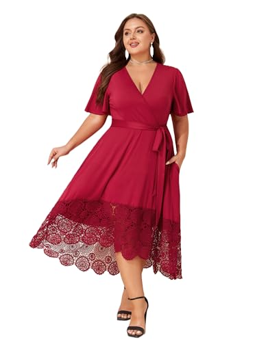 LapaPlus Übergröße Damen Spitzen Hochzeitsgäste Kleider Abendkleid Cocktailkleid V-Neck Kurzarm Sommerkleid mit Taschen von LapaPlus