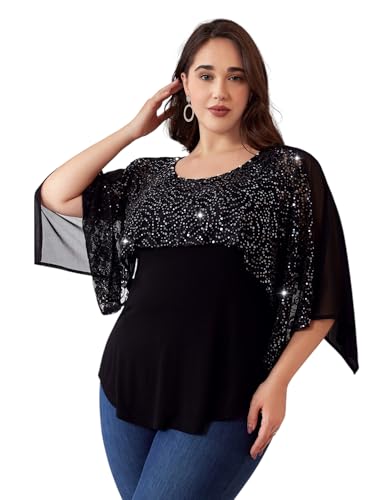 LapaPlus Übergröße Pailletten Oberteile für Damen 2025, Spitze Halbarm Hemd Tunika Abend Party Tops Cocktail Bluse von LapaPlus