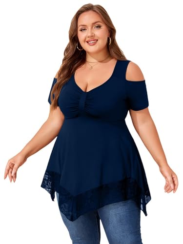LapaPlus Übergrößen Damen Elegantes V-Neck Schulterfreie T-Shirt Oberteile Tunika Spitze Saum Freizeit Bluse Sommer Tops von LapaPlus