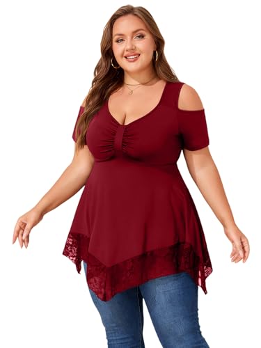 LapaPlus Übergrößen Damen Elegantes V-Neck Schulterfreie T-Shirt Oberteile Tunika Spitze Saum Freizeit Bluse Sommer Tops von LapaPlus