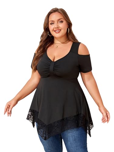 LapaPlus Übergrößen Damen Elegantes V-Neck Schulterfreie T-Shirt Oberteile Tunika Spitze Saum Freizeit Bluse Sommer Tops von LapaPlus