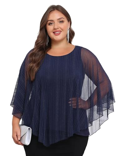 LapaPlus Übergrößen Damen Glänzender Silber Bluse für Abend Hochzeit Cape-Ärmel Oberteile Doppelschicht Netz Tunike Tops von LapaPlus