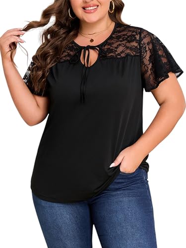 LapaPlus Übergrößen Damen Spitzen Kurzarm T-Shirt Schleife Krawatte Oberteile Tunika Lässige Bluse Hemd 2025 Sommer Tops von LapaPlus