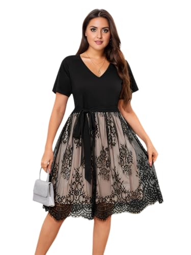LapaPlus Übergroß Damen Elegantes Spitzen Sommerkleid, 2025 V-Neck Partykleid A-Linien Midikleid Cocktailkleid Kurzarm Freizeitkleid LapaPlus Übergroß Damen Elegantes Spitzen Sommerkleid, 2025 V-Neck Partykleid A-Linien Midikleid Cocktailkleid Kurzarm Freizeitkleid von LapaPlus