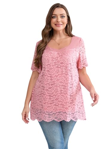 Plus Größe Spitze Tops für Frauen Dressy Casual Rosa Bluse Kurzarm Hemden Sommer Tunika Tops Loose Fit von LapaPlus