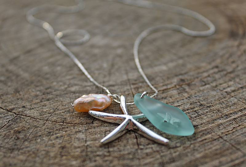 Silber Seestern Halskette/Meerglas Perle Strand Schmuck Brautjungfer von Lapapya
