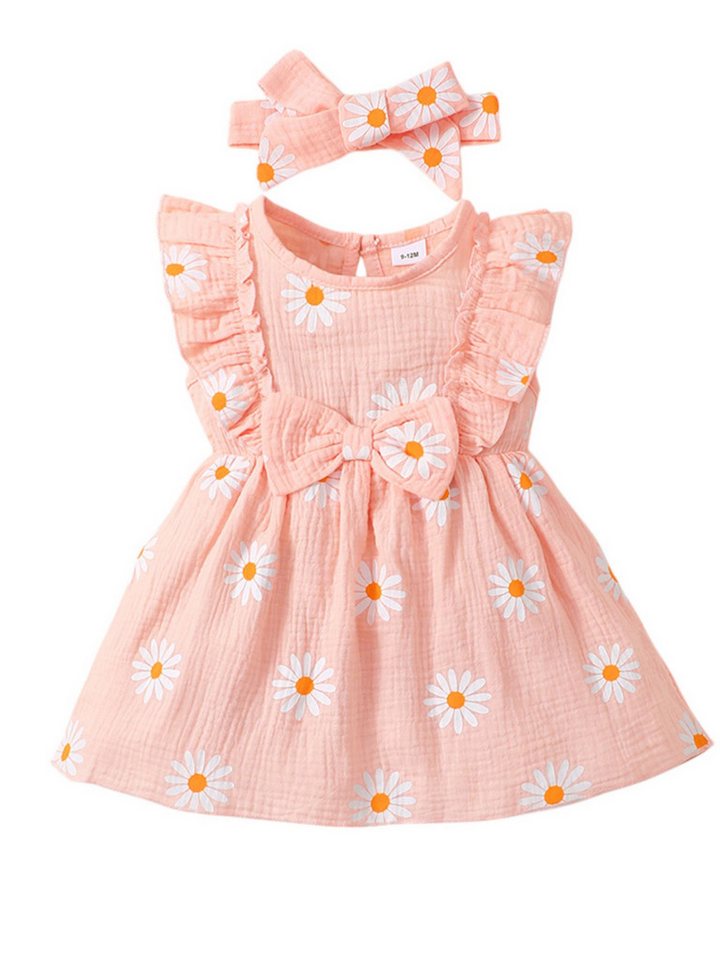 Lapastyle A-Linien-Kleid Ärmellos Baby-Sommerkleid, Strandkleid mit Blumendruck & Stirnband (Set, 2-tlg) Neugeborene Outfit Set, Lässiges Partykleid aus Baumwolle mit Rüschen von Lapastyle