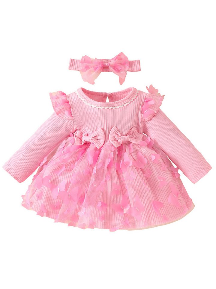 Lapastyle A-Linien-Kleid Baby-Mädchen Langarm Netzkleid & Stirnband, Einfarbig A-Linien-Kleid (Set, 2-tlg) Partykleid aus Strick mit Schmetterlings-Patch, Baby Freizeit Outfits von Lapastyle