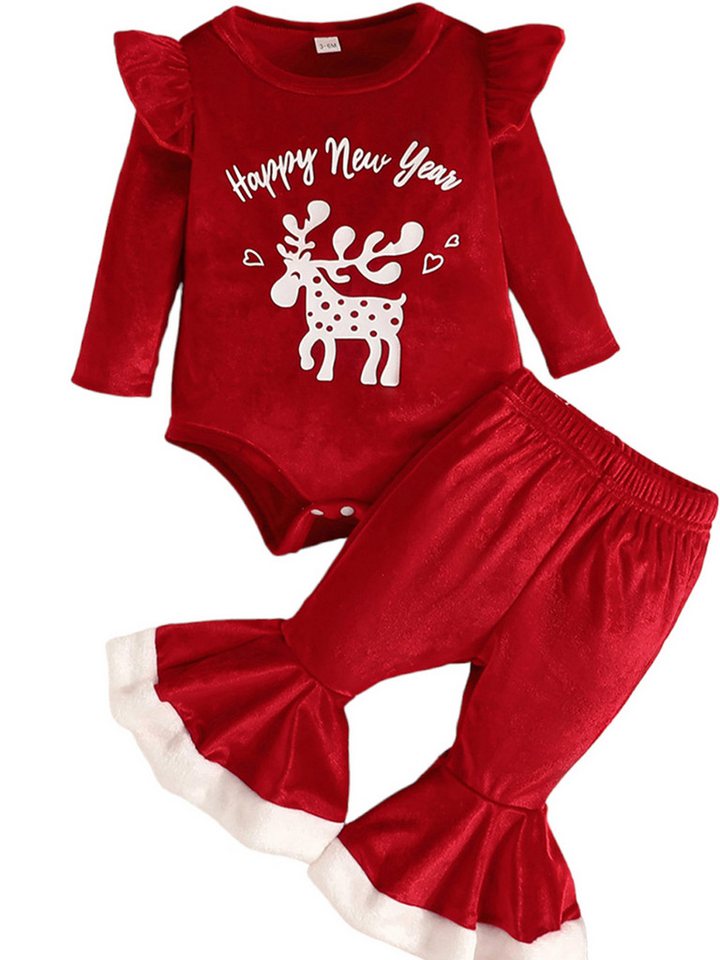 Lapastyle Langarmshirt & Hose Baby Mädchen 2-tlg aus Samt Langarm Strampler und Schlaghose (Set, 2-tlg) Klassischer Weihnachts- und Neujahrsanzug mit kontrastierenden Drucken von Lapastyle