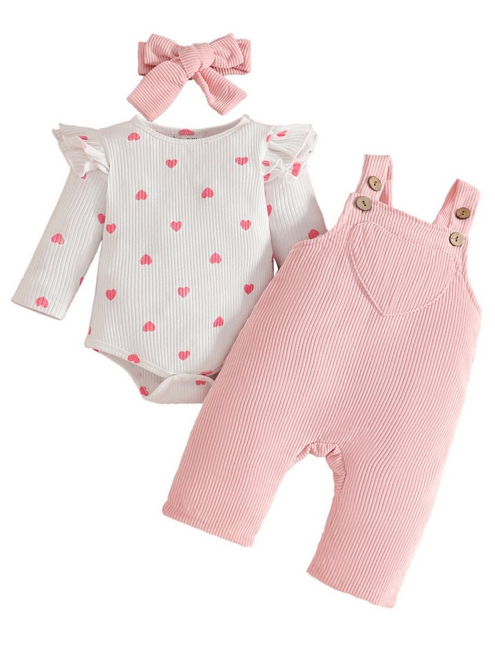 Lapastyle Overall Baby Mädchen bedruckte Langarmbody, Cord-Latzhose und Stirnband (Set, 3-tlg) Lässiger Anzug im Colorblocking Stil, geeignet für Frühling und Herbst von Lapastyle