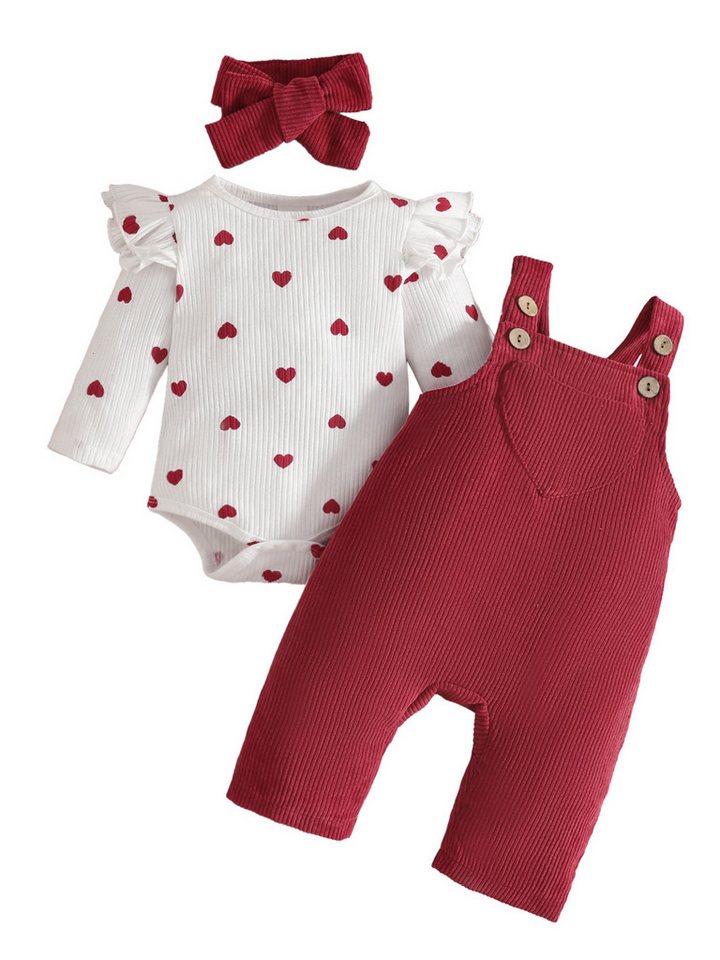 Lapastyle Overall Baby Mädchen bedruckte Langarmbody, Cord-Latzhose und Stirnband (Set, 3-tlg) Lässiger Anzug im Colorblocking Stil, geeignet für Frühling und Herbst von Lapastyle