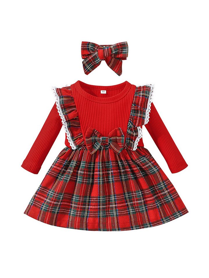 Lapastyle Partykleid Weihnachts Baby-Mädchen Langarm Karokleid mit Rüschen & Stirnband (Set, 2-tlg., 2-tlg) Baby-Spitzenkleid in A-Linie mit Rüschen, Geburtstagsgeschenk von Lapastyle