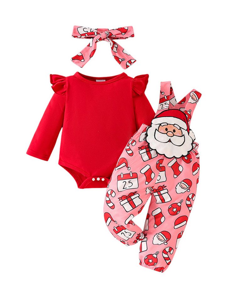 Lapastyle Shirt, Leggings & Haarband Neugeborenen Outfits, einfarbiges Langarmshirt, Overall und Stirnband (Set, 3-tlg) Weihnachtsset für Mädchen, Weihnachtsgeschenk, schöner Druck von Lapastyle