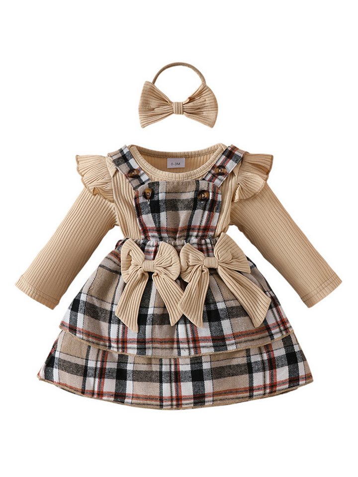 Lapastyle Shirt, Rock & Haarband Langarmbody, Trägerkleid und Stirnband für Neugeborene mit karierte (Set, 3-tlg) Baby Mädchen Süßes Outfit mit Schleife&Rüschen für Party, Geburtstage von Lapastyle
