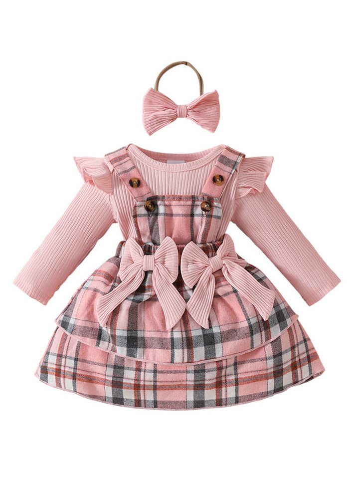 Lapastyle Shirt, Rock & Haarband Langarmbody, Trägerkleid und Stirnband für Neugeborene mit karierte (Set, 3-tlg) Baby Mädchen Süßes Outfit mit Schleife&Rüschen für Party, Geburtstage von Lapastyle