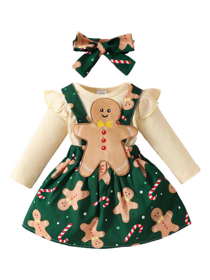 Lapastyle Shirt, Rock & Haarband Weihnachtliches Baby-Mädchen-Set, Langarmoverall Trägerrock Outfit (Set, 3-tlg) Neugeborenes Langarm Strampler + Latzkleid + Stirnband Babykleidung von Lapastyle