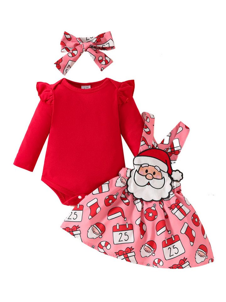 Lapastyle Shirt, Rock & Haarband Weihnachtliches Baby-Mädchen-Set, Langarmoverall Trägerrock Outfit (Set, 3-tlg) Neugeborenes Langarm Strampler + Latzkleid + Stirnband Babykleidung von Lapastyle