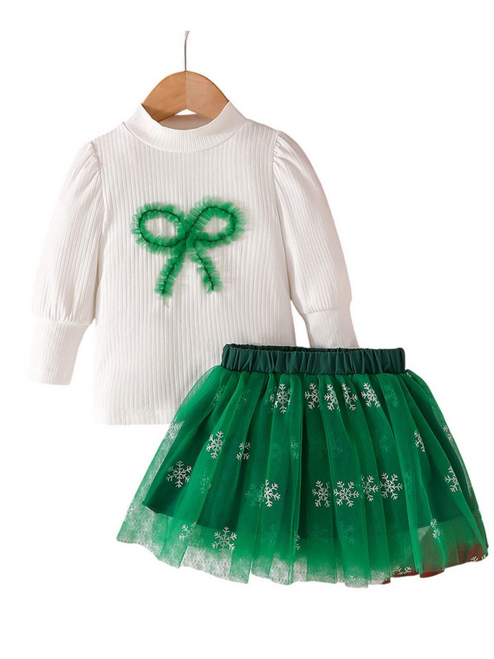 Lapastyle Shirt & Rock Weihnachtsparty-Outfit für Mädchen, Oberteil mit Puffärmeln & Netzrock (Set, 2-tlg) Schneeflockenmuster mit Silber, exquisite Party Weihnachtsgeschenke von Lapastyle
