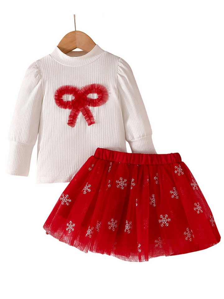 Lapastyle Shirt & Rock Weihnachtsparty-Outfit für Mädchen, Oberteil mit Puffärmeln & Netzrock (Set, 2-tlg) Schneeflockenmuster mit Silber, exquisite Party Weihnachtsgeschenke von Lapastyle