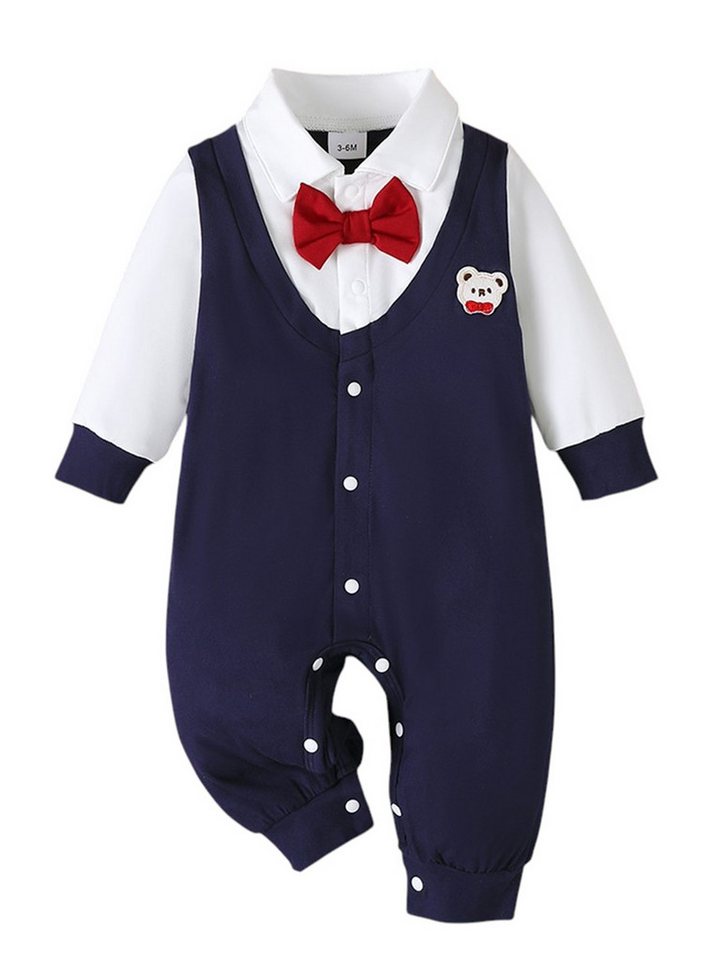 Lapastyle Strampler Herbstlicher Overall mit roter Fliege für Baby Junge in Gentleman stil (1-tlg) Langarm Dunkelblau Patchwork Bodysuit für Party, Hochzeit, Geschenk von Lapastyle