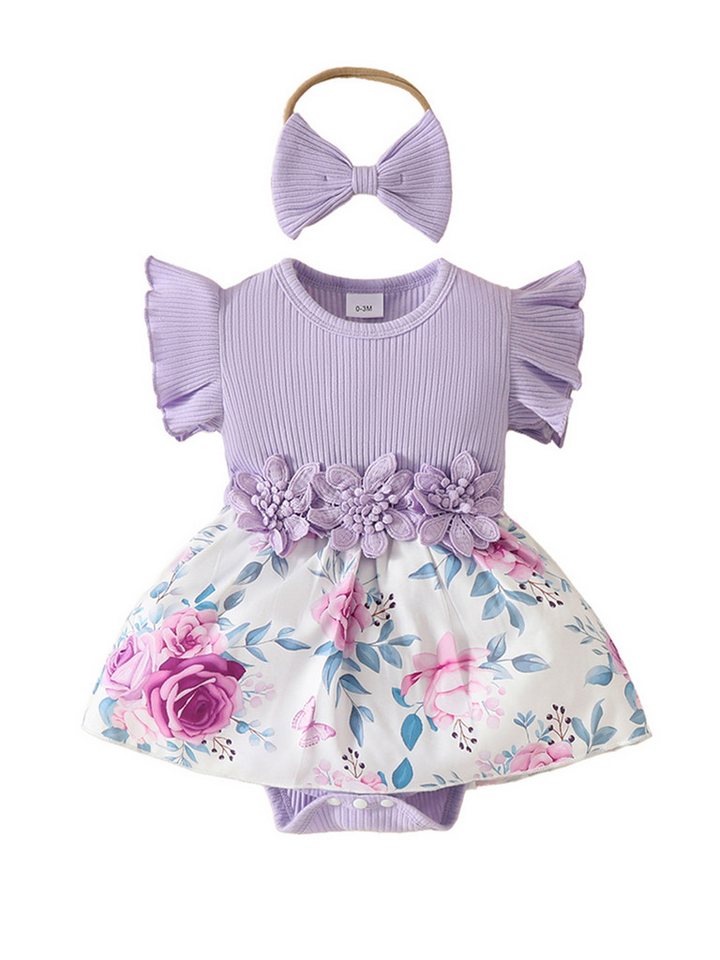 Lapastyle Strampler Neugeborenes Kurzarm Blumen Strampler & Haarband Outfits Baby Mädchen (Set, 2-tlg) Babykleidung mit Rüschen Sommerkleid süß Partykleid Set von Lapastyle