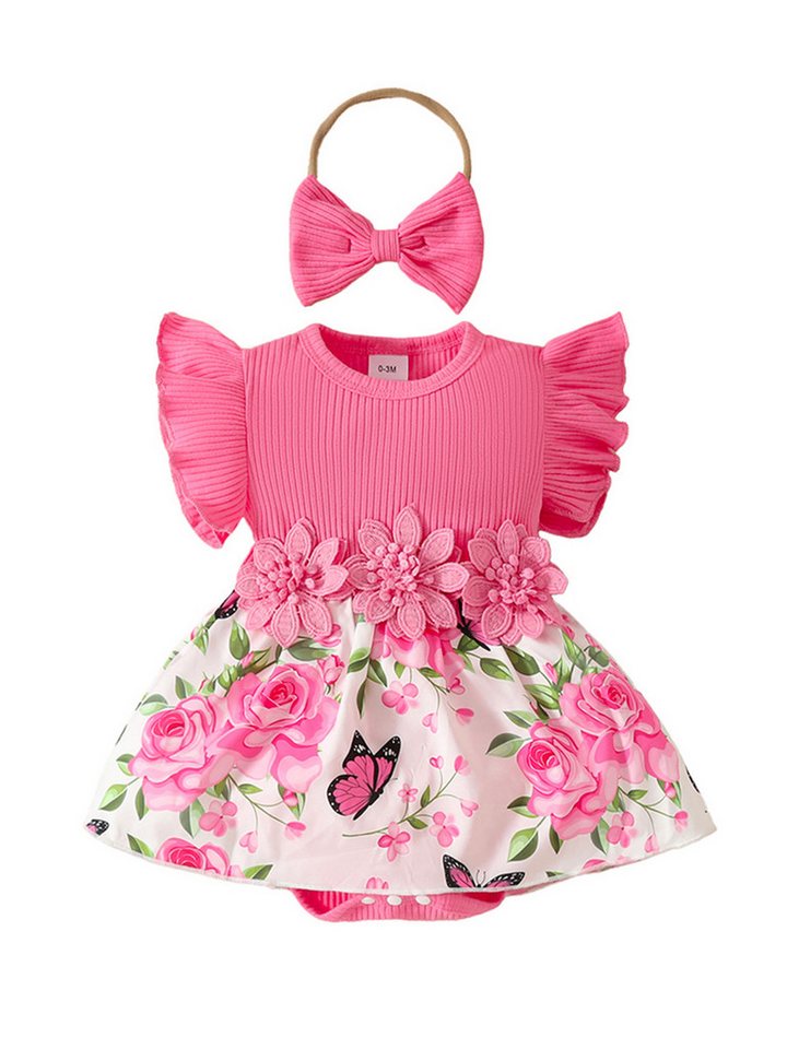 Lapastyle Strampler Neugeborenes Kurzarm Blumen Strampler & Haarband Outfits Baby Mädchen (Set, 2-tlg) Babykleidung mit Rüschen Sommerkleid süß Partykleid Set von Lapastyle