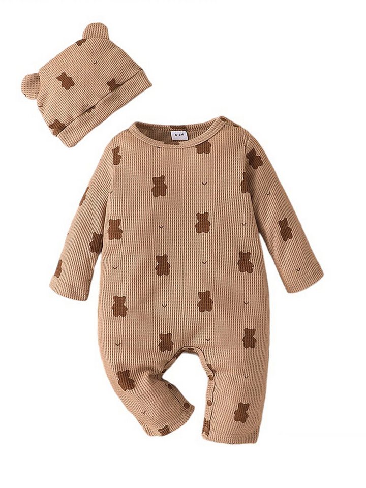 Lapastyle Strampler Niedlicher Unisex Baby Set Langarm Overall & Mütze mit Bärenmuster (Set, 2-tlg) Krabbelkleidung für Neugeborene aus Waffelstoff, Hausanzug, Party-Set von Lapastyle